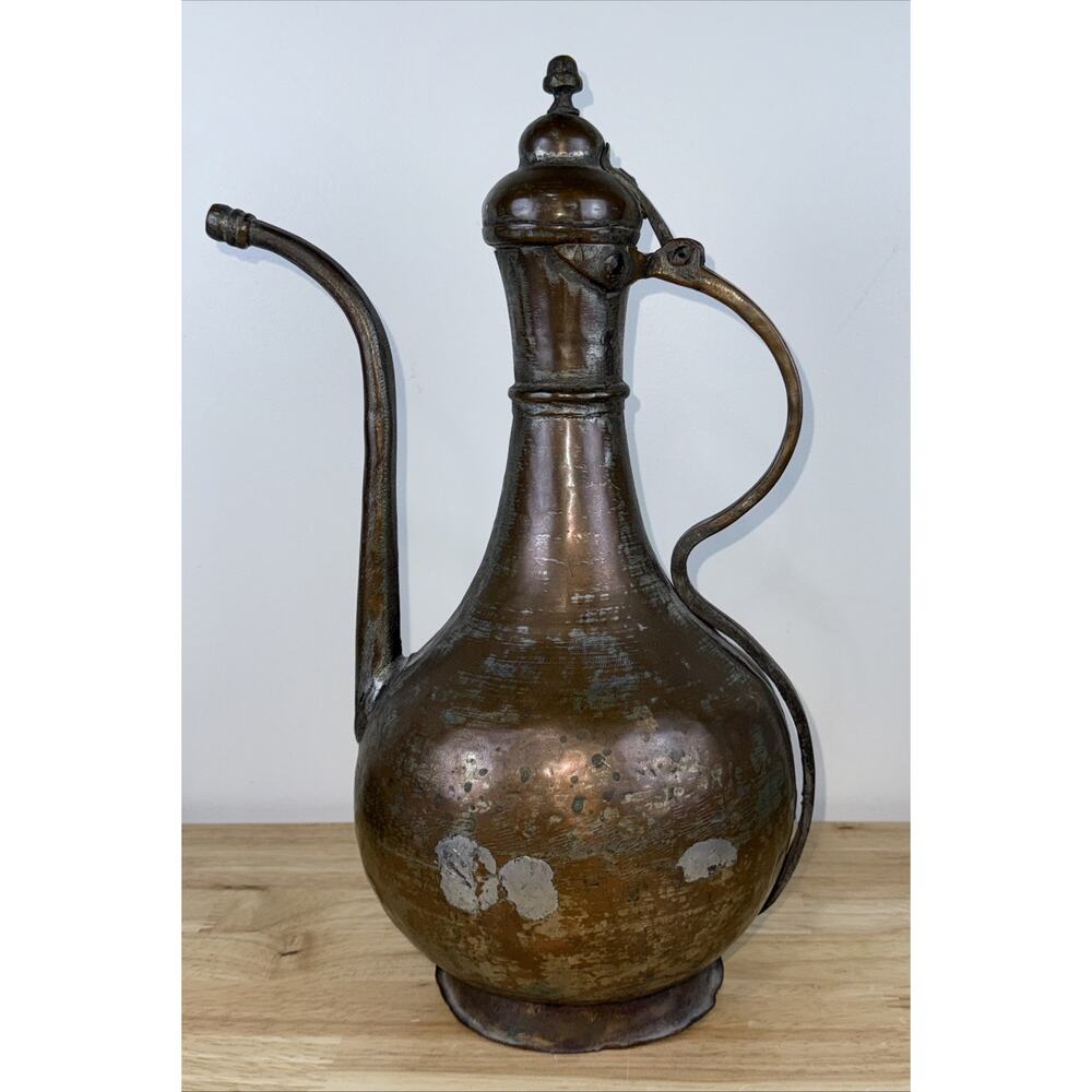 Antique Large Middle Eastern Hammered Copper Water Vessel Jug Dallah 16”